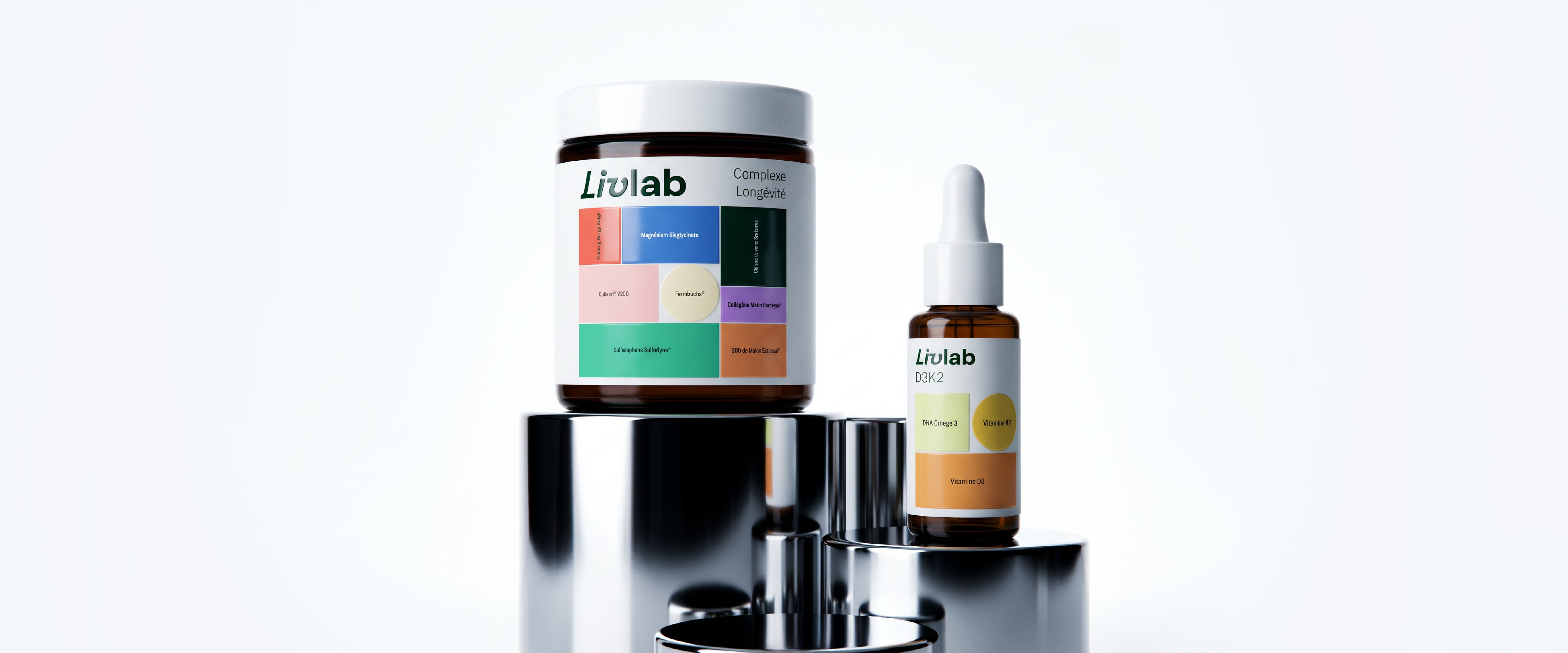 Mix Longévité Livlab : le pot Complexe Longévité et le dropper D3 K2 sur socles inox.