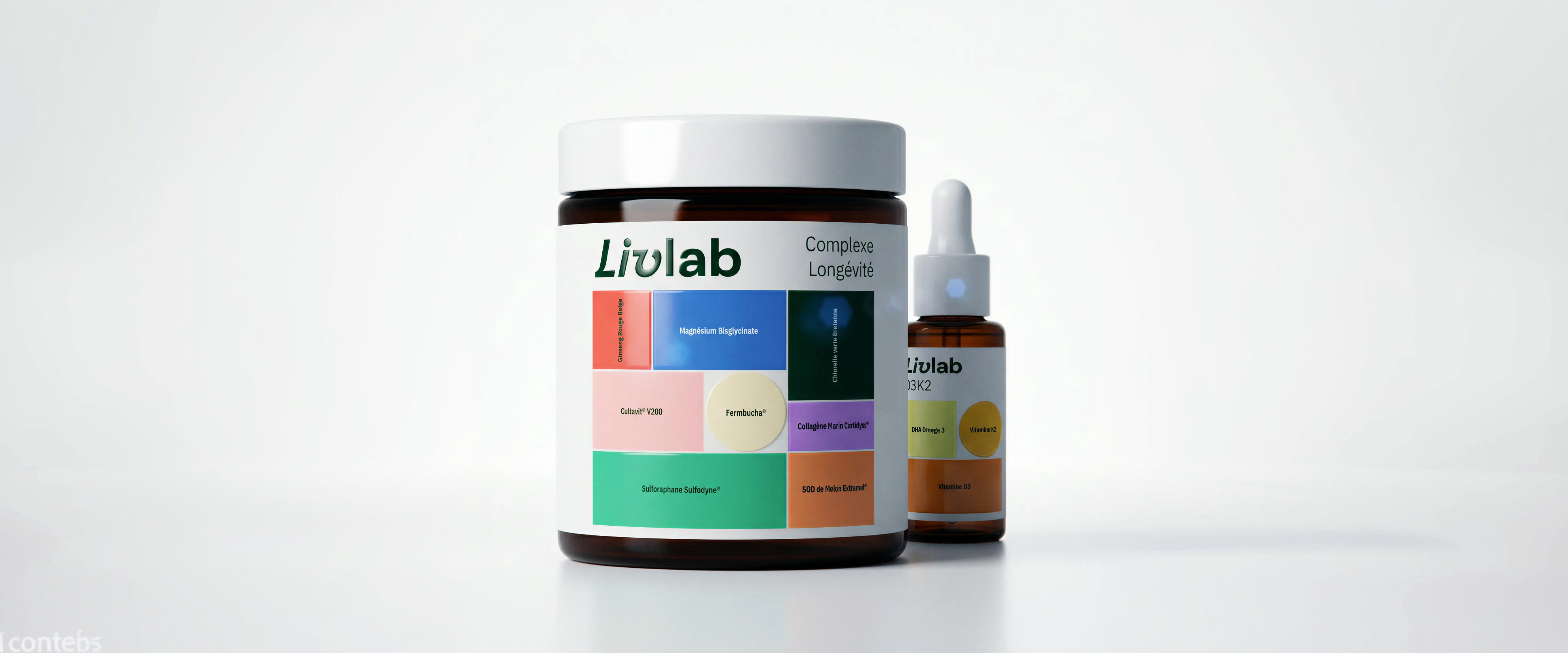 Mix Longévité Livlab : le pot de poudre Complexe Longévité et le dropper D3 K2 Oméga-3.